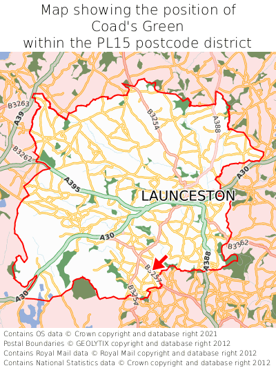 Map showing location of Coad's Green within PL15
