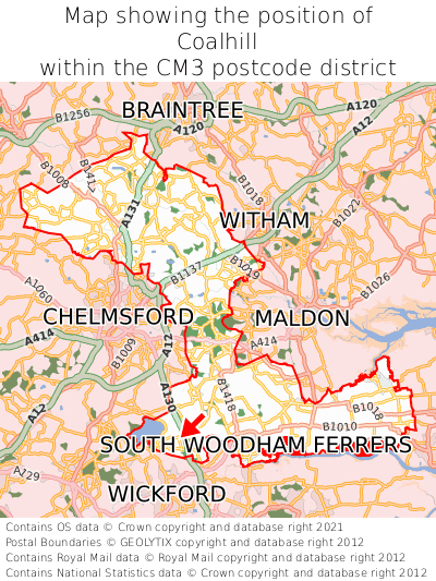Map showing location of Coalhill within CM3