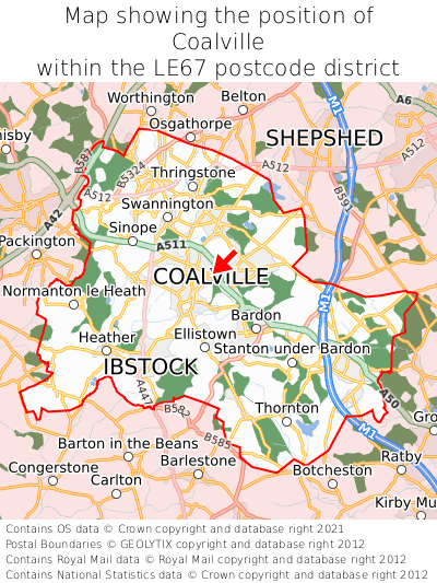 Map showing location of Coalville within LE67