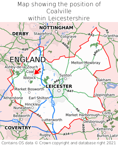 Map showing location of Coalville within Leicestershire