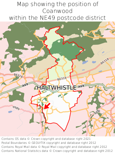 Map showing location of Coanwood within NE49