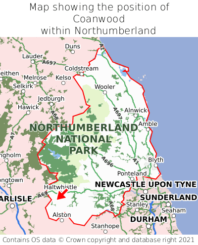 Map showing location of Coanwood within Northumberland