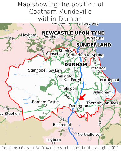 Map showing location of Coatham Mundeville within Durham