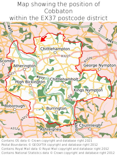 Map showing location of Cobbaton within EX37