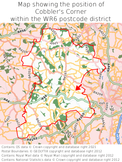 Map showing location of Cobbler's Corner within WR6