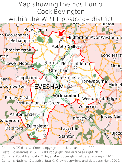 Map showing location of Cock Bevington within WR11