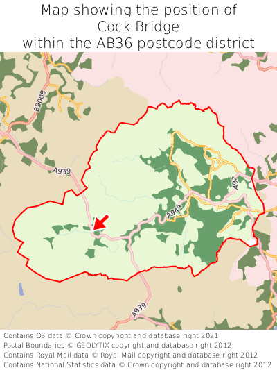 Map showing location of Cock Bridge within AB36