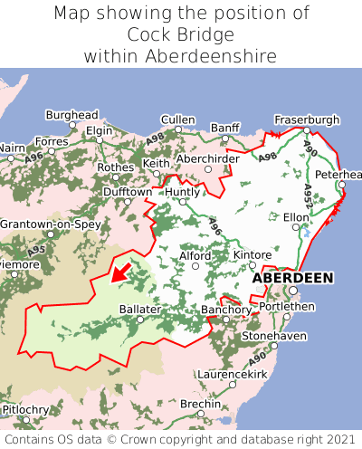 Map showing location of Cock Bridge within Aberdeenshire