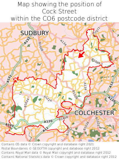 Map showing location of Cock Street within CO6