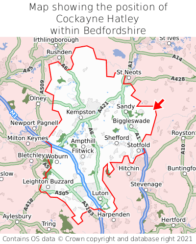 Map showing location of Cockayne Hatley within Bedfordshire