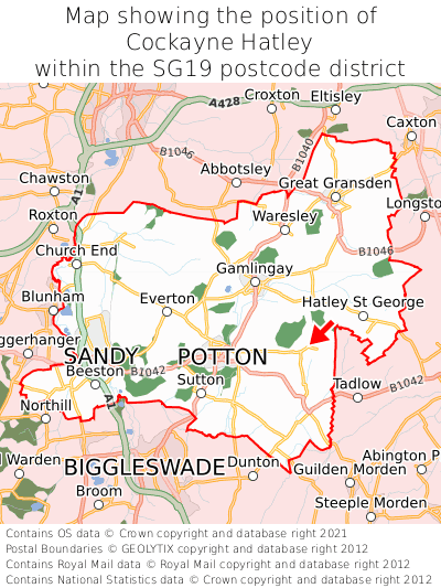 Map showing location of Cockayne Hatley within SG19
