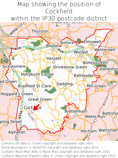Map showing location of Cockfield within IP30