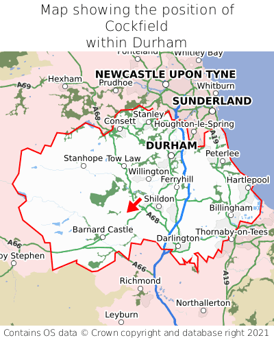 Map showing location of Cockfield within Durham