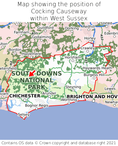 Map showing location of Cocking Causeway within West Sussex