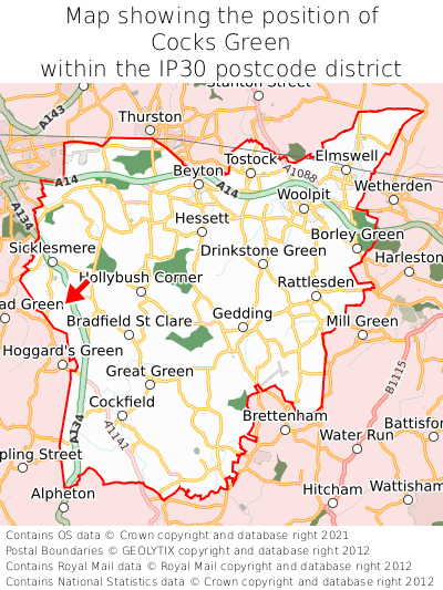 Map showing location of Cocks Green within IP30