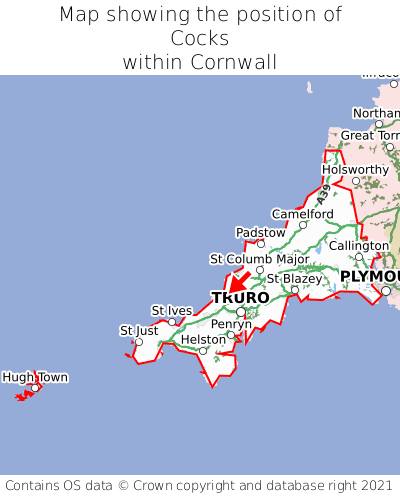 Map showing location of Cocks within Cornwall