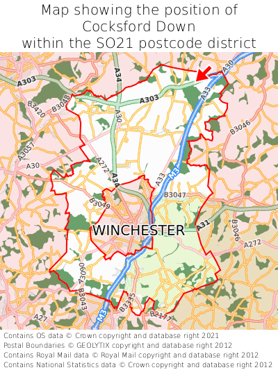 Map showing location of Cocksford Down within SO21