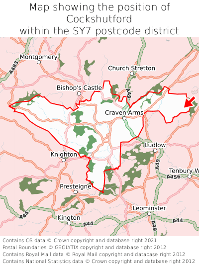 Map showing location of Cockshutford within SY7