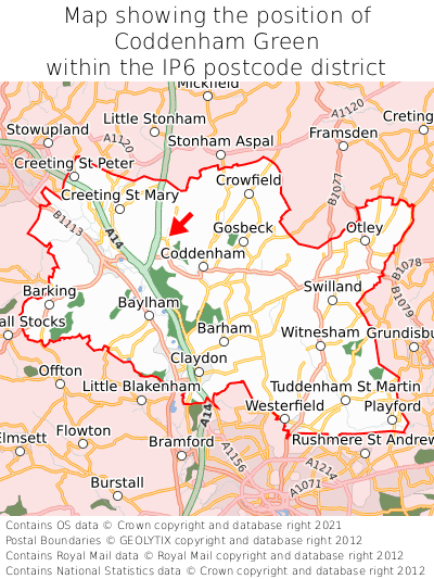 Map showing location of Coddenham Green within IP6