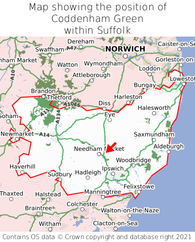 Map showing location of Coddenham Green within Suffolk