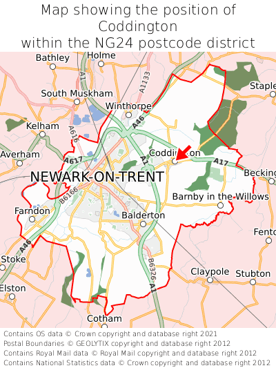 Map showing location of Coddington within NG24