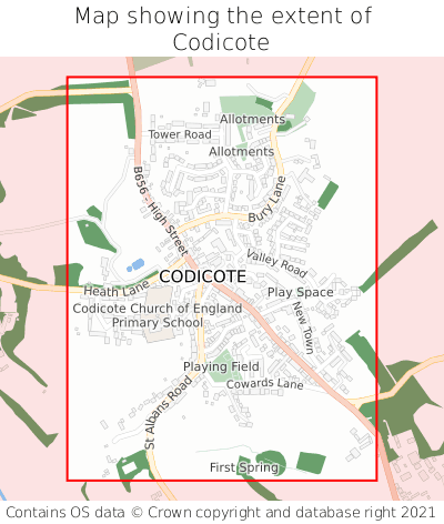Map showing extent of Codicote as bounding box