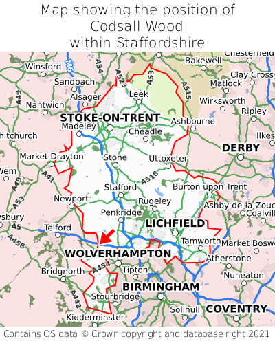 Map showing location of Codsall Wood within Staffordshire