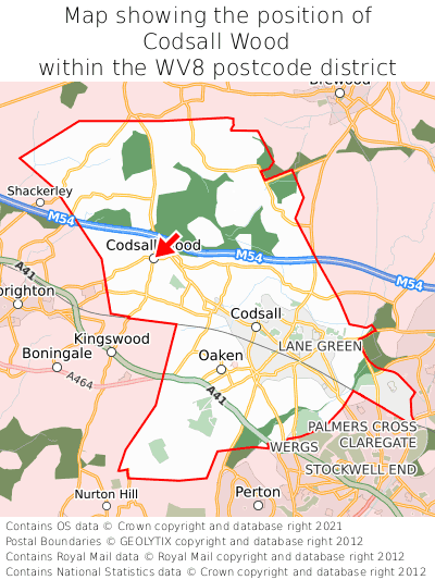 Map showing location of Codsall Wood within WV8