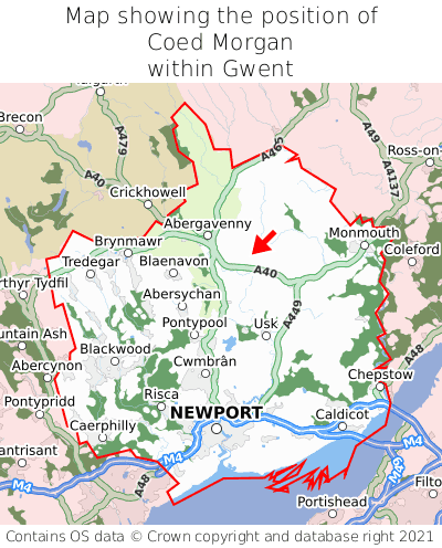 Map showing location of Coed Morgan within Gwent