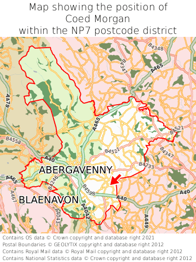 Map showing location of Coed Morgan within NP7