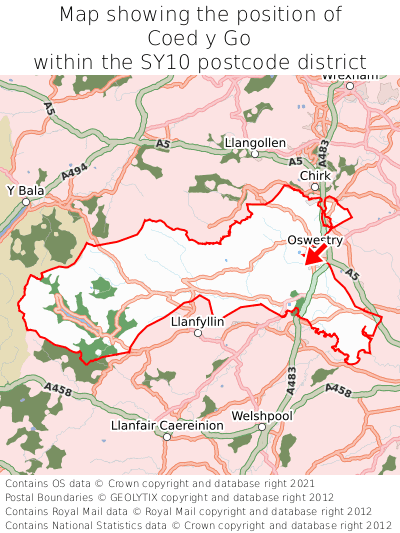 Map showing location of Coed y Go within SY10