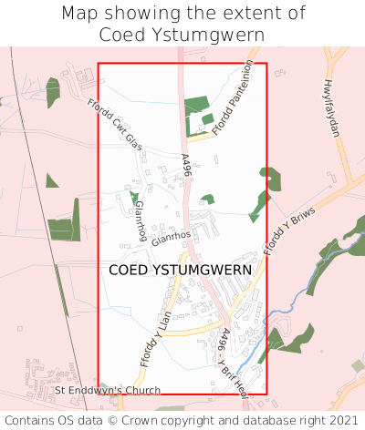 Map showing extent of Coed Ystumgwern as bounding box