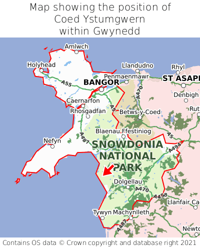 Map showing location of Coed Ystumgwern within Gwynedd