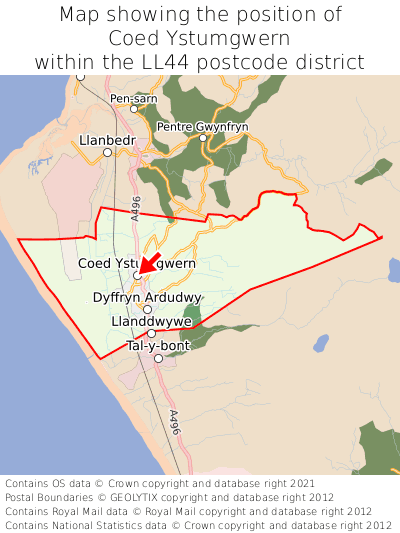 Map showing location of Coed Ystumgwern within LL44