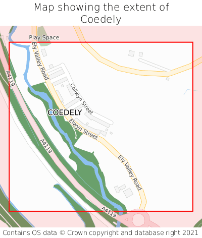Map showing extent of Coedely as bounding box