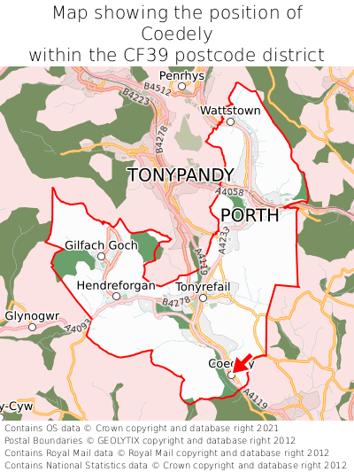 Map showing location of Coedely within CF39