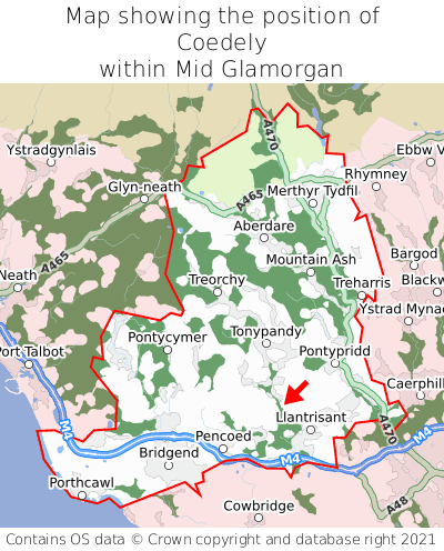 Map showing location of Coedely within Mid Glamorgan