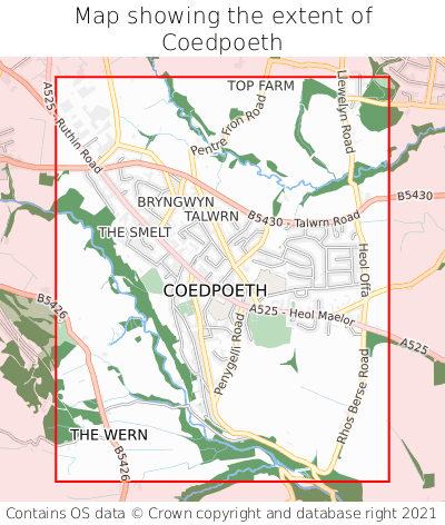 Map showing extent of Coedpoeth as bounding box