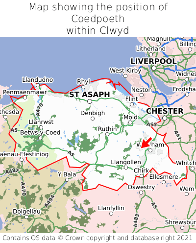 Map showing location of Coedpoeth within Clwyd
