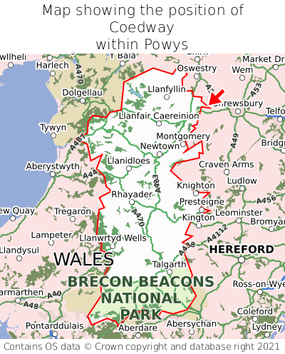 Map showing location of Coedway within Powys