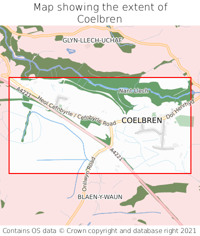 Map showing extent of Coelbren as bounding box