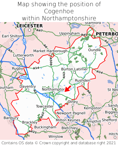 Map showing location of Cogenhoe within Northamptonshire