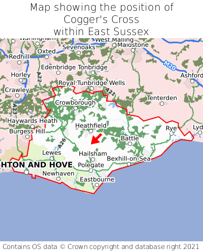 Map showing location of Cogger's Cross within East Sussex