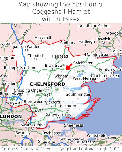 Map showing location of Coggeshall Hamlet within Essex