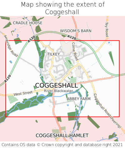 Map showing extent of Coggeshall as bounding box