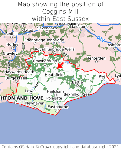 Map showing location of Coggins Mill within East Sussex