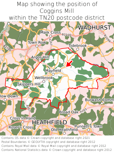 Map showing location of Coggins Mill within TN20