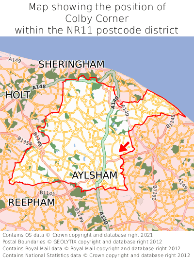 Map showing location of Colby Corner within NR11