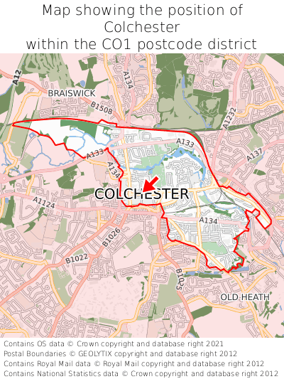 Map showing location of Colchester within CO1