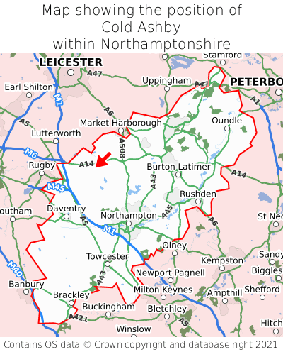 Map showing location of Cold Ashby within Northamptonshire